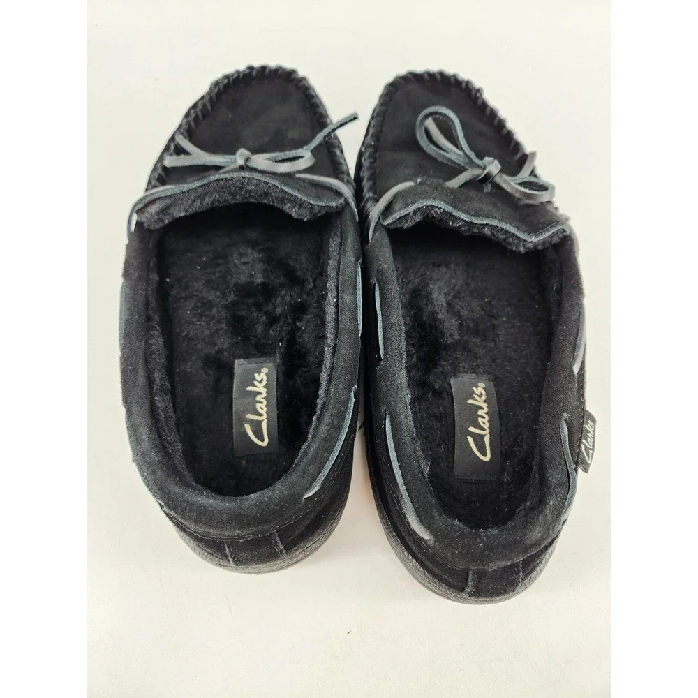 Clarks Moccasin Slippers Mens 9M Black Leather Suede Faux Fur Lined 22SH-011